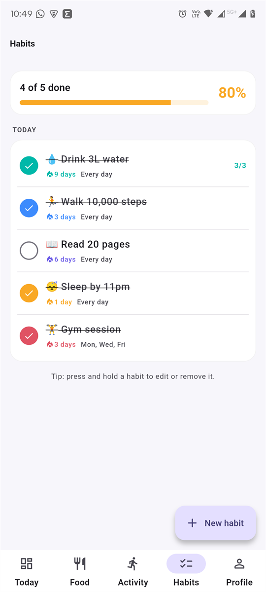 The habits screen: five habits in their own colours with streaks of nine, three, six, one and three days