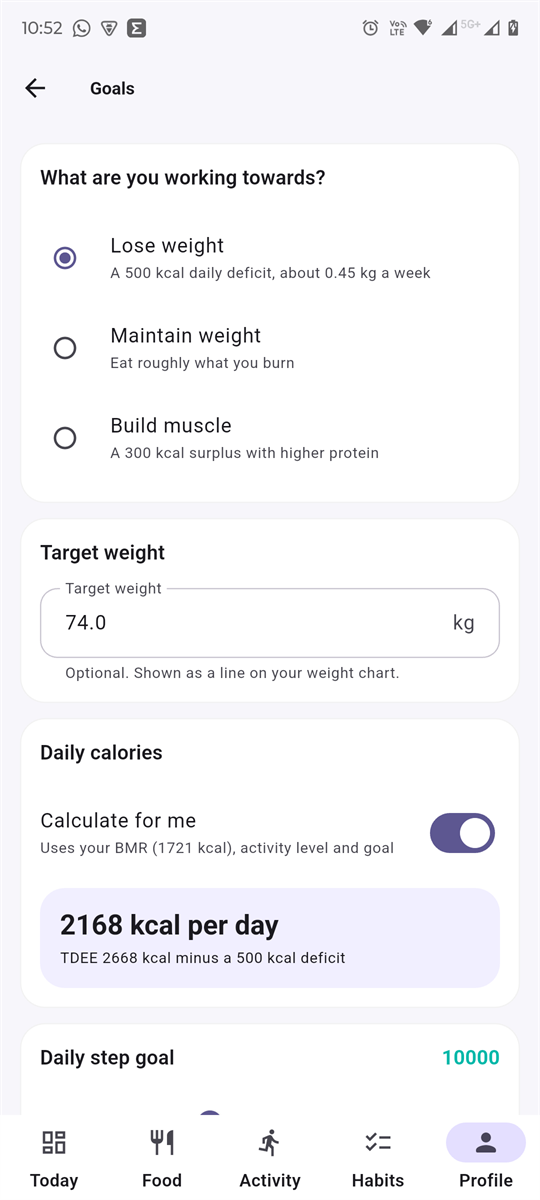 The goals screen in the app: lose weight selected, a 74 kg target, and a calculate-for-me switch showing 2,168 kcal a day